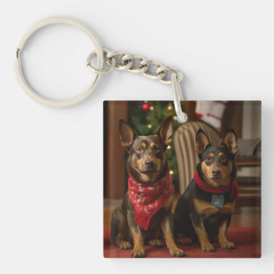 Australian Kelpie by the Fireplace Christmas Keychain