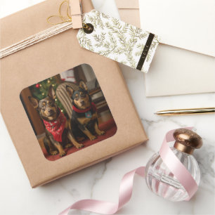 Australian Kelpie by the Fireplace Christmas Square Sticker