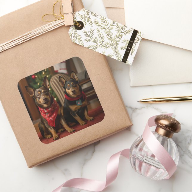 Australian Kelpie by the Fireplace Christmas Square Sticker (Gifting)