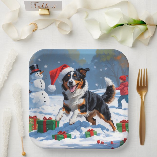 Australian Kelpie Christmas Festive Snow Scene Paper Plate (Wedding)