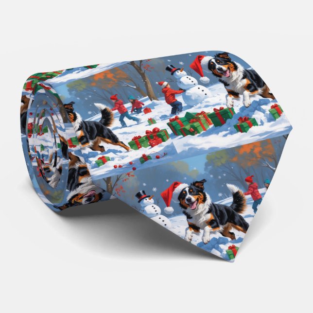 Australian Kelpie Christmas Festive Snow Scene Tie (Rolled)