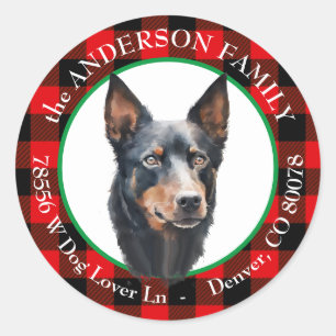 Australian Kelpie Dog Buffalo Plaid Return Address Classic Round Sticker