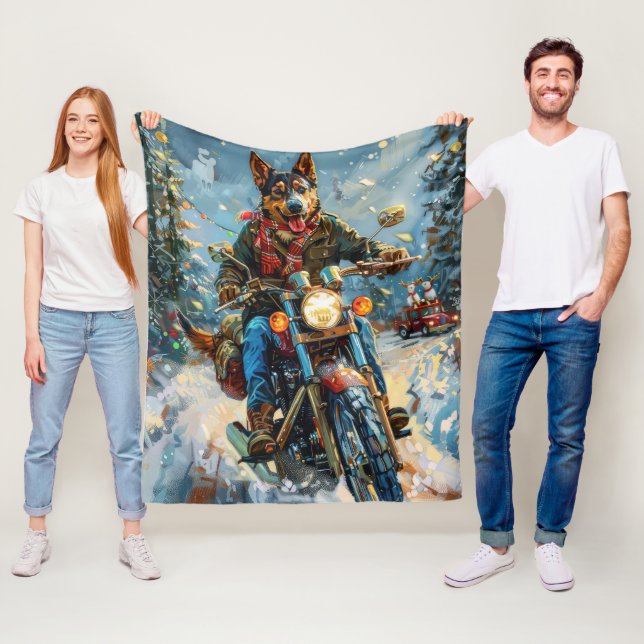 Australian Kelpie Dog Riding Motorcycle Christmas Fleece Blanket (In Situ)