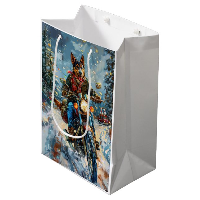Australian Kelpie Dog Riding Motorcycle Christmas Medium Gift Bag (Front Angled)
