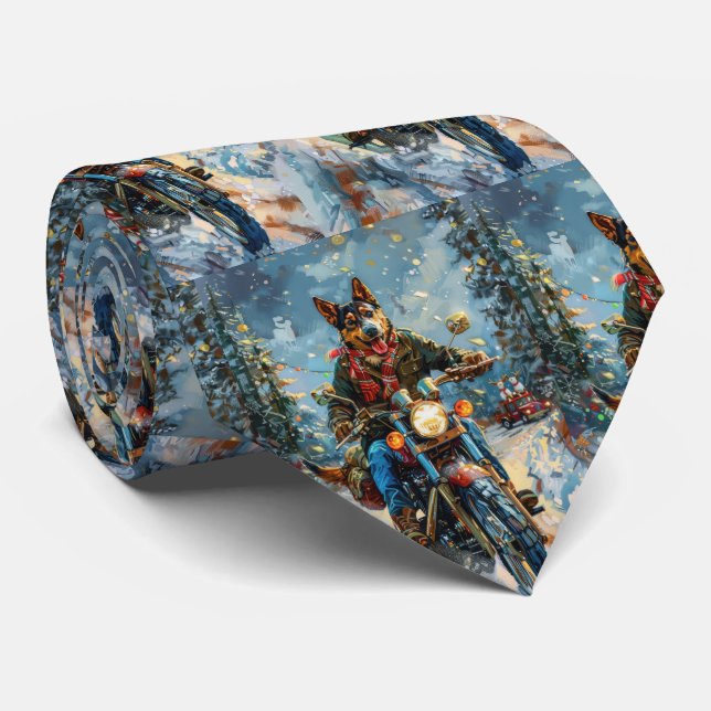 Australian Kelpie Dog Riding Motorcycle Christmas Tie (Rolled)