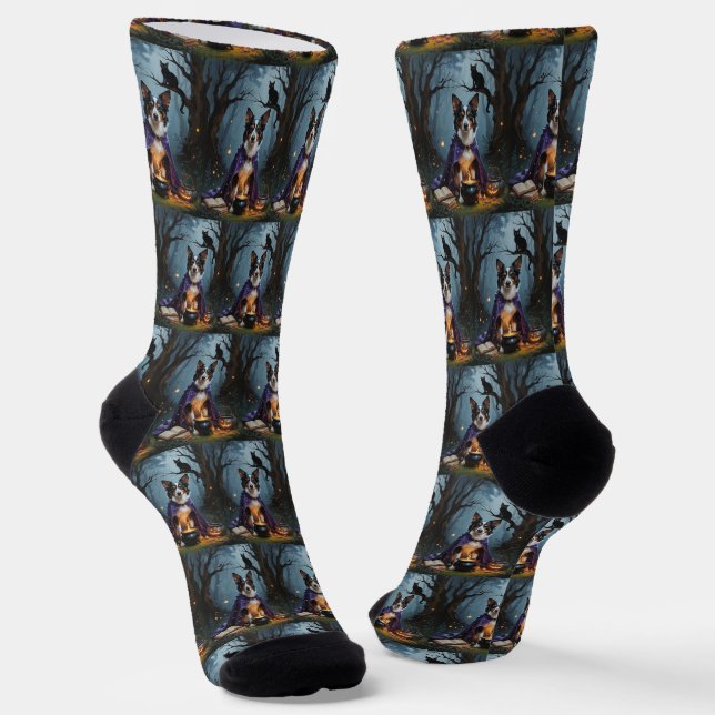Australian Kelpie Dog Whimsical Halloween Painting Socks (Angled)