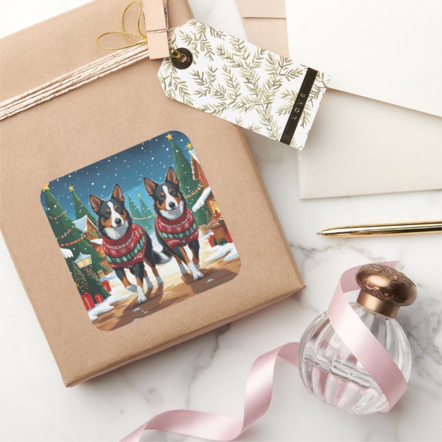 Australian Kelpie Dogs Christmas Snow Holiday Square Sticker (Gifting)