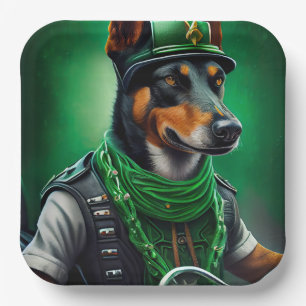 Australian Kelpie driving bike St. Patrick's Day Paper Plate