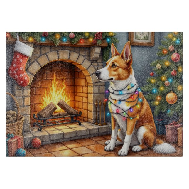 Australian Kelpie Fireplace with Christmas Lights Cutting Board (Front)