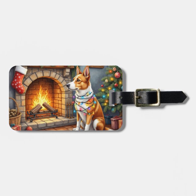 Australian Kelpie Fireplace with Christmas Lights Luggage Tag (Front Horizontal)