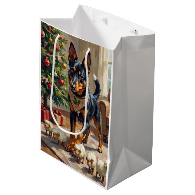 Australian Kelpie Herding Christmas Art Medium Gift Bag (Front Angled)