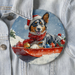 Australian Kelpie in Sledge Let it Snow Christmas 6 Inch Round Button