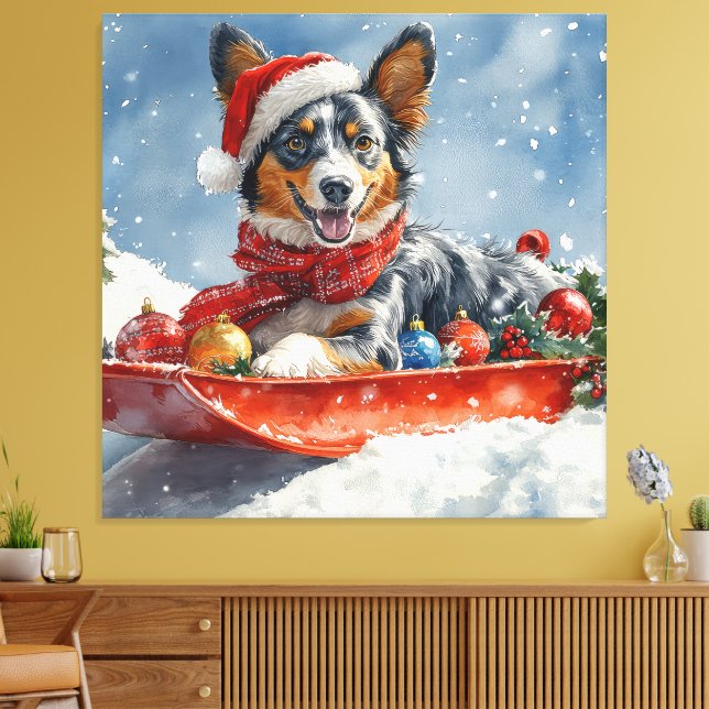 Australian Kelpie in Sledge Let it Snow Christmas Canvas Print (Insitu(LivingRoom))