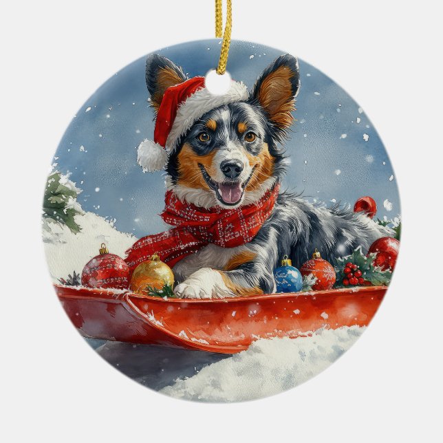 Australian Kelpie in Sledge Let it Snow Christmas Ceramic Ornament (Front)