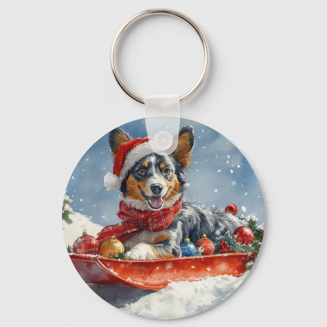 Australian Kelpie in Sledge Let it Snow Christmas Keychain (Front)