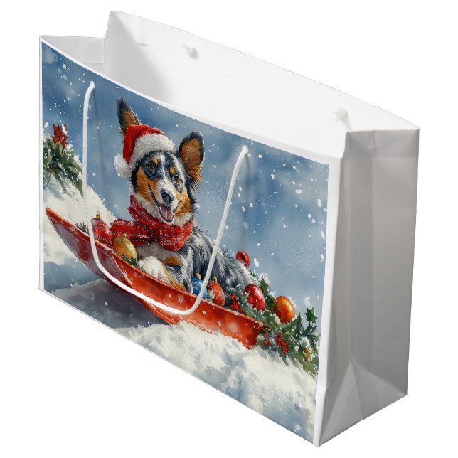 Australian Kelpie in Sledge Let it Snow Christmas Large Gift Bag (Front Angled)