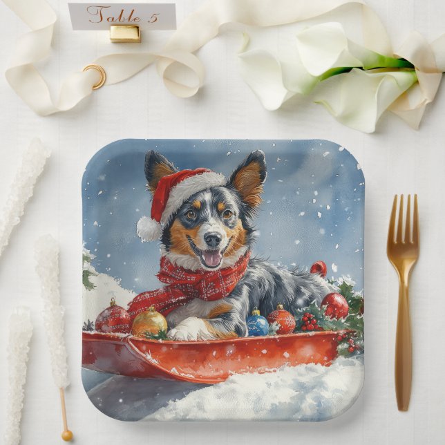 Australian Kelpie in Sledge Let it Snow Christmas Paper Plate (Wedding)