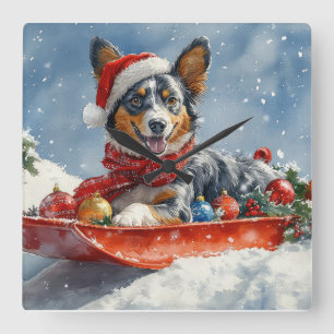 Australian Kelpie in Sledge Let it Snow Christmas Square Wall Clock