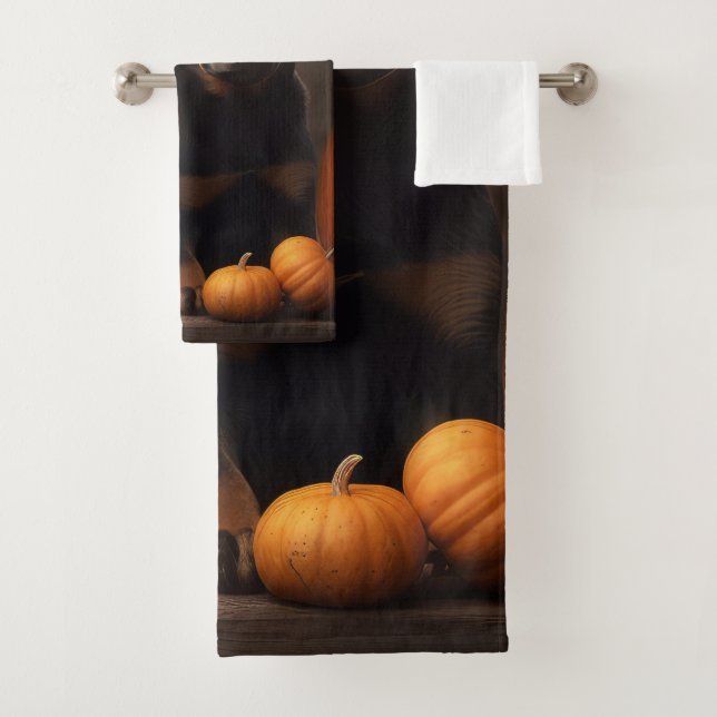 Australian Kelpie Puppy Autumn Delight Pumpkin Bath Towel Set (Insitu)