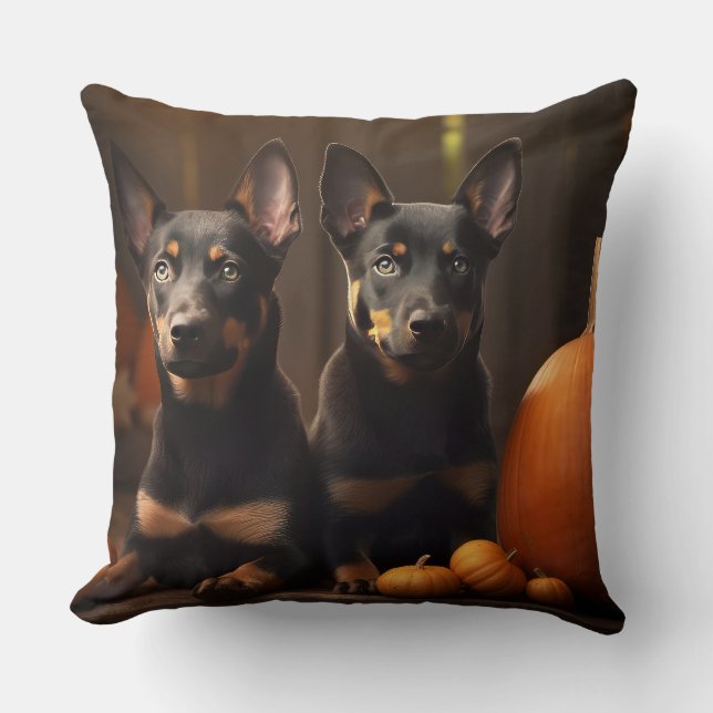 Australian Kelpie Puppy Autumn Delight Pumpkin Throw Pillow (Front)
