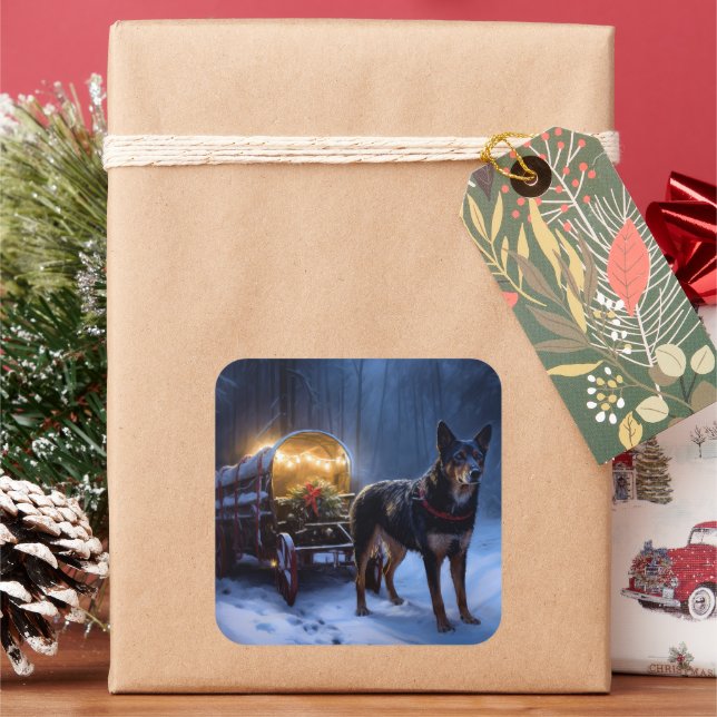 Australian Kelpie Snowy Sleigh Christmas Decor  Square Sticker (Holiday)
