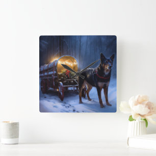 Australian Kelpie Snowy Sleigh Christmas Decor  Square Wall Clock
