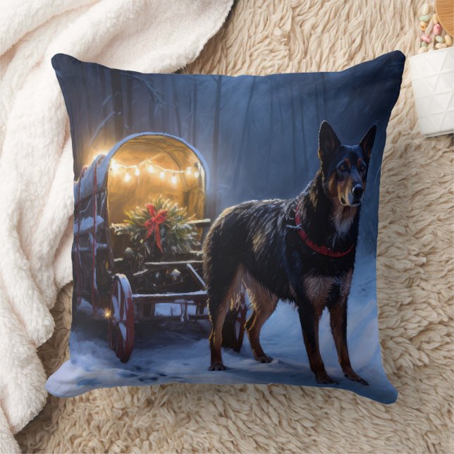 Australian Kelpie Snowy Sleigh Christmas Decor  Throw Pillow (Blanket)