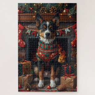 Australian Kelpie with Christmas Gifts Fireplace Jigsaw Puzzle