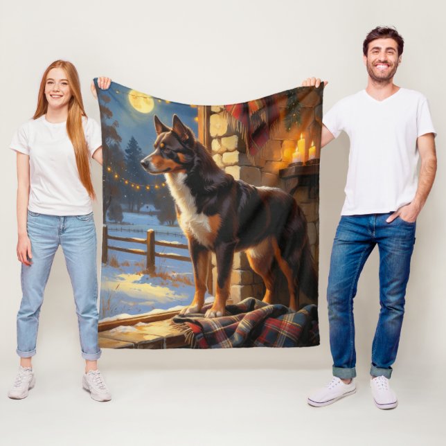 Australian Kelpie With Christmas Lights Holiday Fleece Blanket (In Situ)