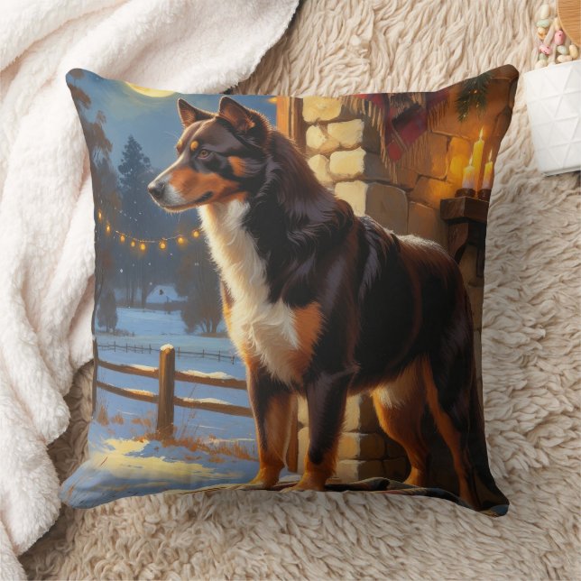 Australian Kelpie With Christmas Lights Holiday Throw Pillow (Blanket)