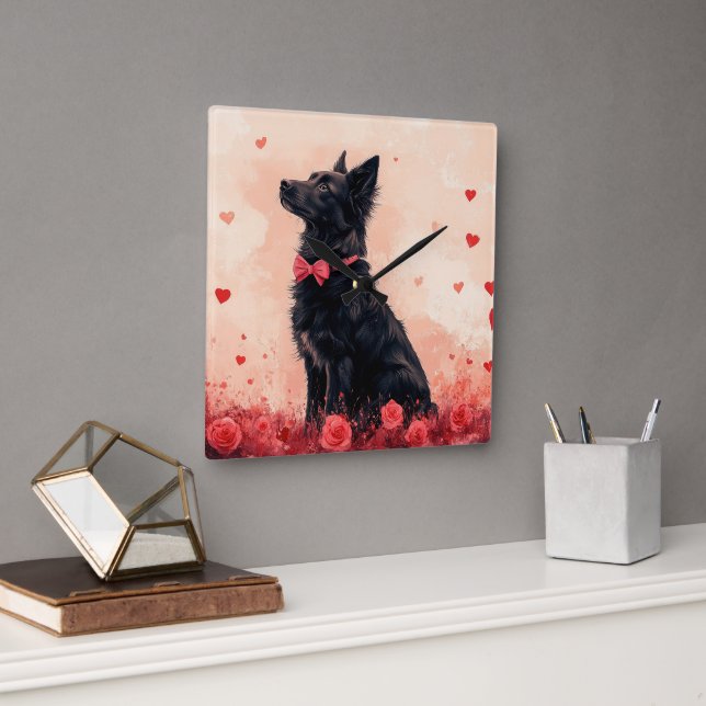 Australian Kelpie with Roses - Valentine's Day Square Wall Clock (Office)