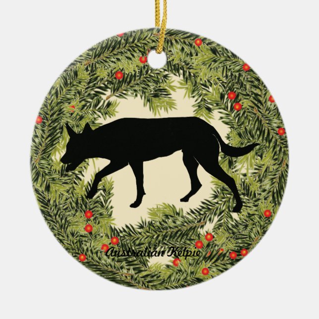 Australian Kelpie Wreath Ceramic Ornament (Front)