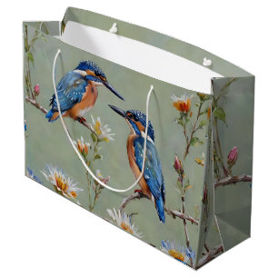 Australian Kingfisher Birds And Flowers Oil Paint, Large Gift Bag