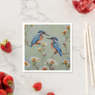 Australian Kingfisher Birds And Flowers Oil Paint, Napkin