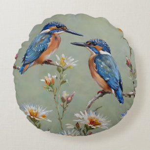 Australian Kingfisher Birds And Flowers Oil Paint, Round Pillow