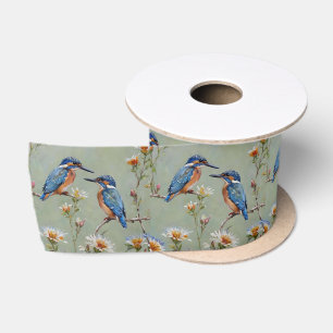 Australian Kingfisher Birds And Flowers Oil Paint, Satin Ribbon