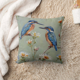 Australian Kingfisher Birds And Flowers Oil Paint, Throw Pillow