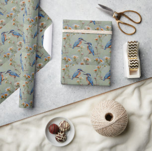 Australian Kingfisher Birds And Flowers Oil Paint, Wrapping Paper