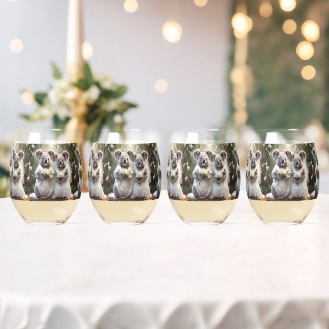 Australian Koala Bear White Wedding, Stemless Wine Glass (Insitu (Wedding))