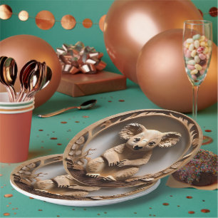 Australian Koala Bear Wood Carving, Paper Plate