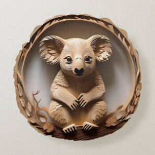 Australian Koala Bear Wood Carving, Round Pillow