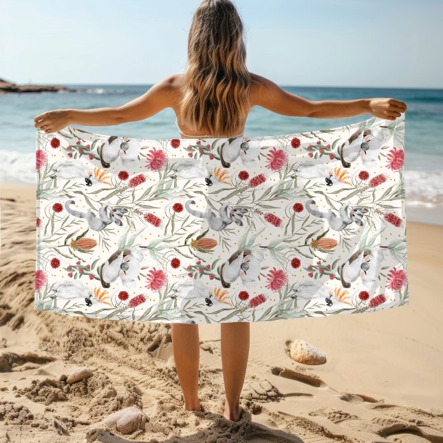 Australian Koala Cockatoos Proteas Nature Pattern Beach Towel (Creator Uploaded)
