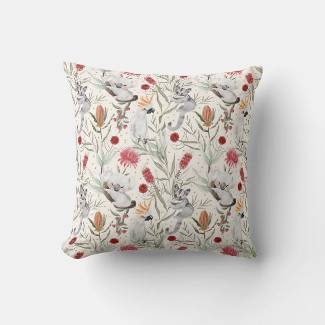 Australian Koala Cockatoos Proteas Nature Pattern Throw Pillow (Front)