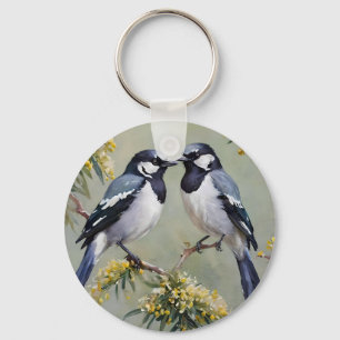 Australian Magpies In Wattle Trees Oil Paint,  Keychain