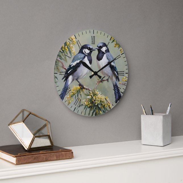 Australian Magpies In Wattle Trees Oil Paint,  Large Clock (Office)