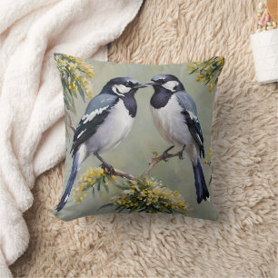 Australian Magpies In Wattle Trees Oil Paint, Throw Pillow