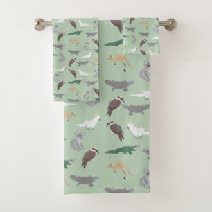 Australian Native Animals Eucalyptus Green Pattern Bath Towel Set