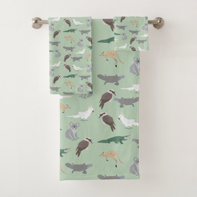 Australian Native Animals Eucalyptus Green Pattern Bath Towel Set (Insitu)
