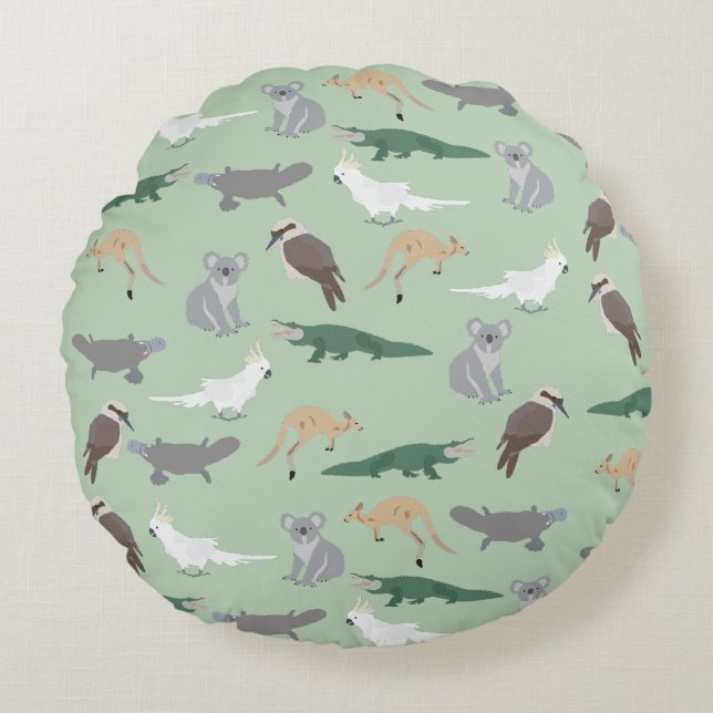 Australian Native Animals Eucalyptus Green Pattern Round Pillow (Front)