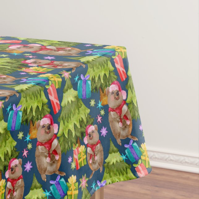 Australian Quokka Blue Christmas Tablecloth (In Situ)